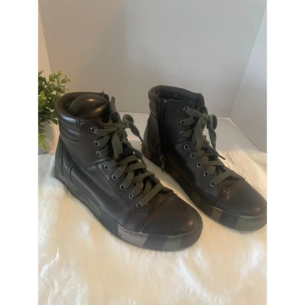 Kenneth Cole Men’s Military High Top Leather Boots Camo Sole Brown Green Size 8